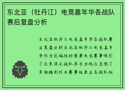 东北亚（牡丹江）电竞嘉年华各战队赛后复盘分析